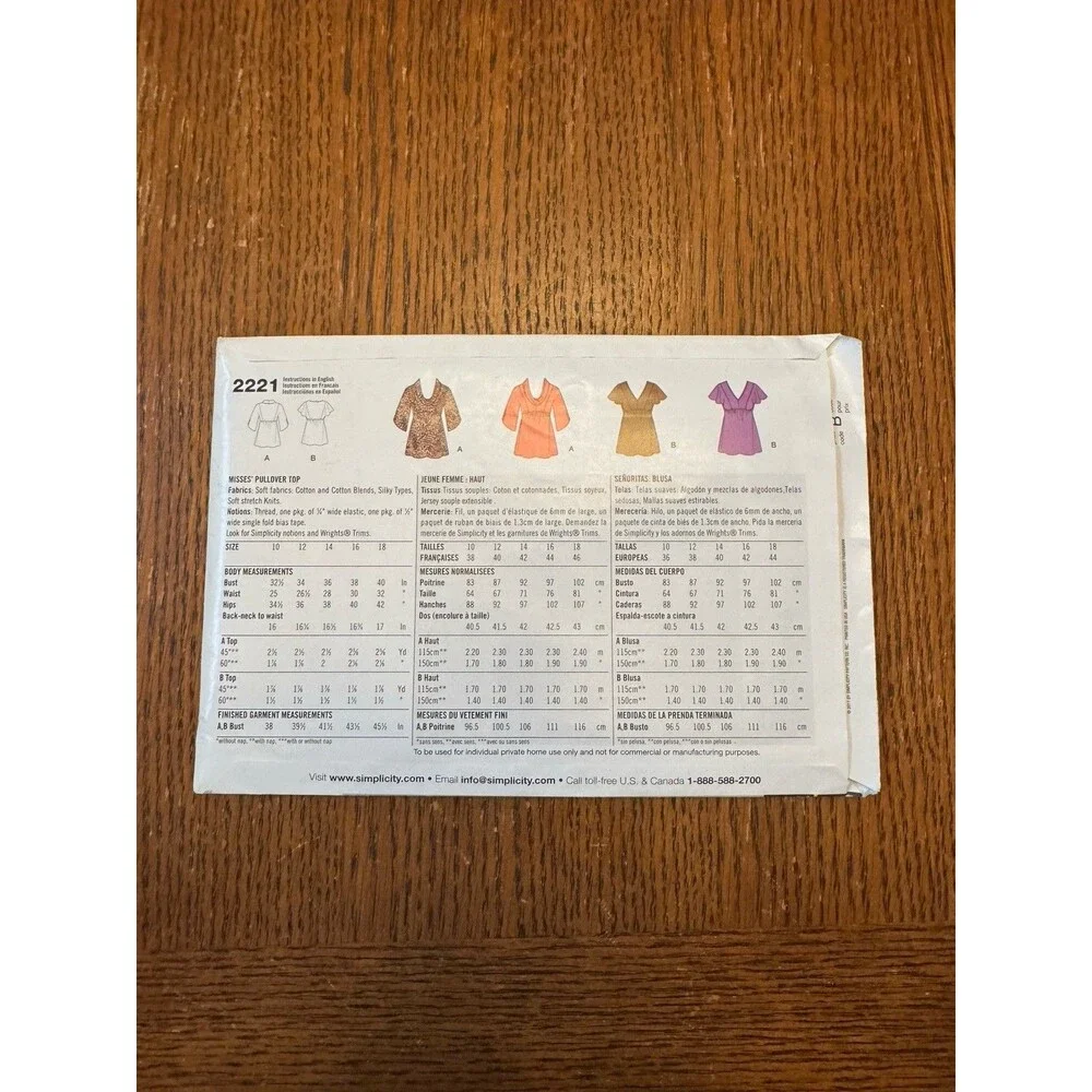 Simplicity Sewing Pattern 2221 Misses Empire Pullover Tops Sizes 10-18 Easy
